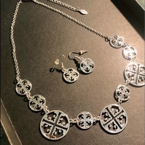 Silver Tone Necklace and Earrings Set Emblem Logo Clover